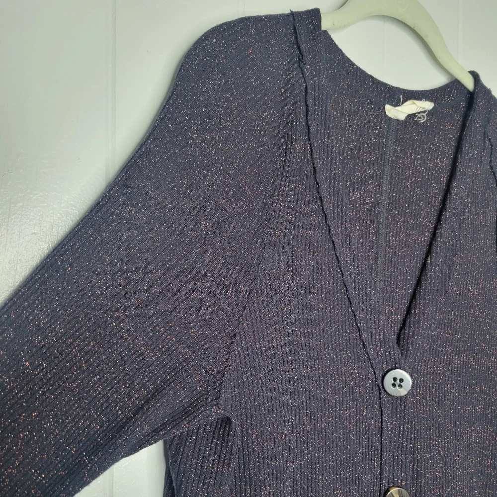 Free People We The Free Long Cardigan Duster Sweater Ribbed Button Up Glitter MD - Picture 4 of 12